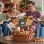 The image depicts a warm and inviting book club gathering in a cozy living room, centered around a beautifully arranged nut gift basket from Western Nut Company, featuring a variety of nuts and handcrafted confections, with diverse individuals engaging in reading and enjoying snacks.