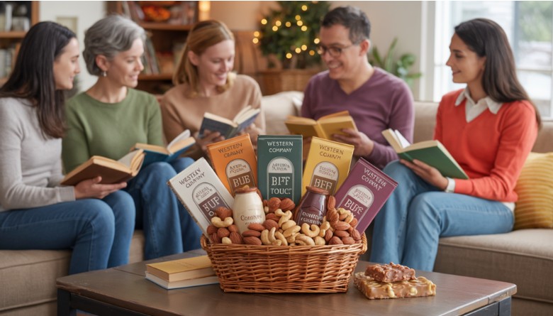 The image depicts a warm and inviting book club gathering in a cozy living room, centered around a beautifully arranged nut gift basket from Western Nut Company, featuring a variety of nuts and handcrafted confections, with diverse individuals engaging in reading and enjoying snacks.